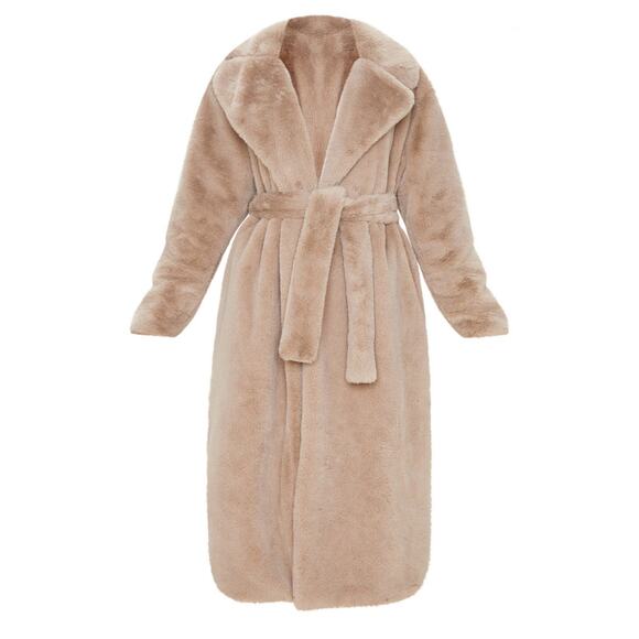 PRETTY LITTLE THINGS Women's 4 Taupe Belted Wrap Faux Fur Super Soft Plush Coat - Picture 7 of 7